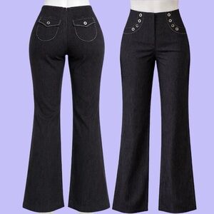 Svetlana 1990s Vintage Goth Black Wide-Leg Pants with Grommet Detail